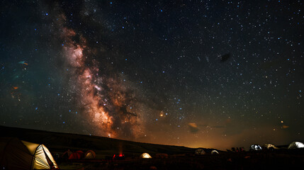 Starry night sky over a campsite during American Adventures Month, showcasing tents and the Milky Way galaxy in a breathtaking national park landscape
