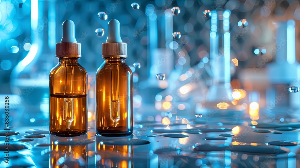 Poster two glass dropper bottles with serums sit on a wet surface, surrounded by a blurred background of la