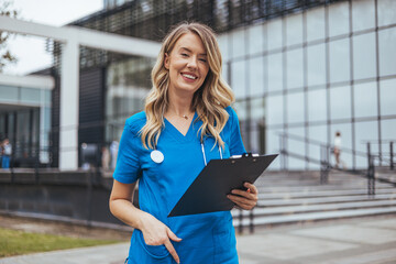 A cheerful female healthcare professional in blue scrubs holds a clipboard, ready for her shift at the medical facility behind her.