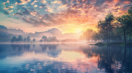 Obraz premium serene sunrise over tranquil lake ai generated landscape illustration