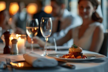 A waiter serving an elegantly plated dish to a couple at a fine dining restaurant close up, service theme, realistic, blend mode, fine dining backdrop
