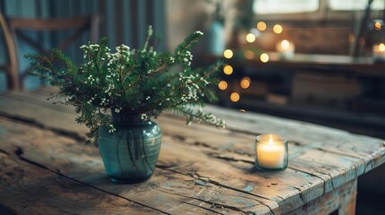 serene traditional interior with green twigs and candle on wooden table