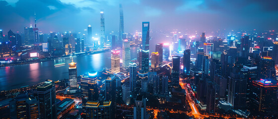 Fototapeta premium A bustling cityscape at night with illuminated skyscrapers