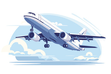 An airplane taking off into a clear blue sky, with clouds in the background. Flat vector illustration.