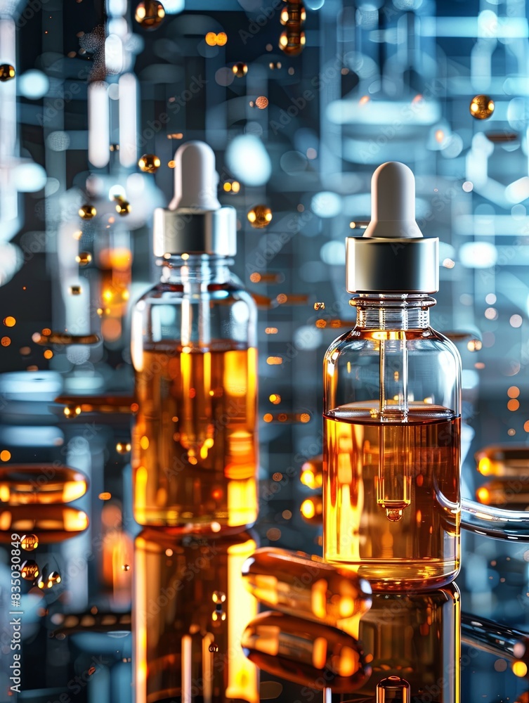 Poster two glass bottles with droppers filled with a clear serum, droplets in the air, and lab tools in the