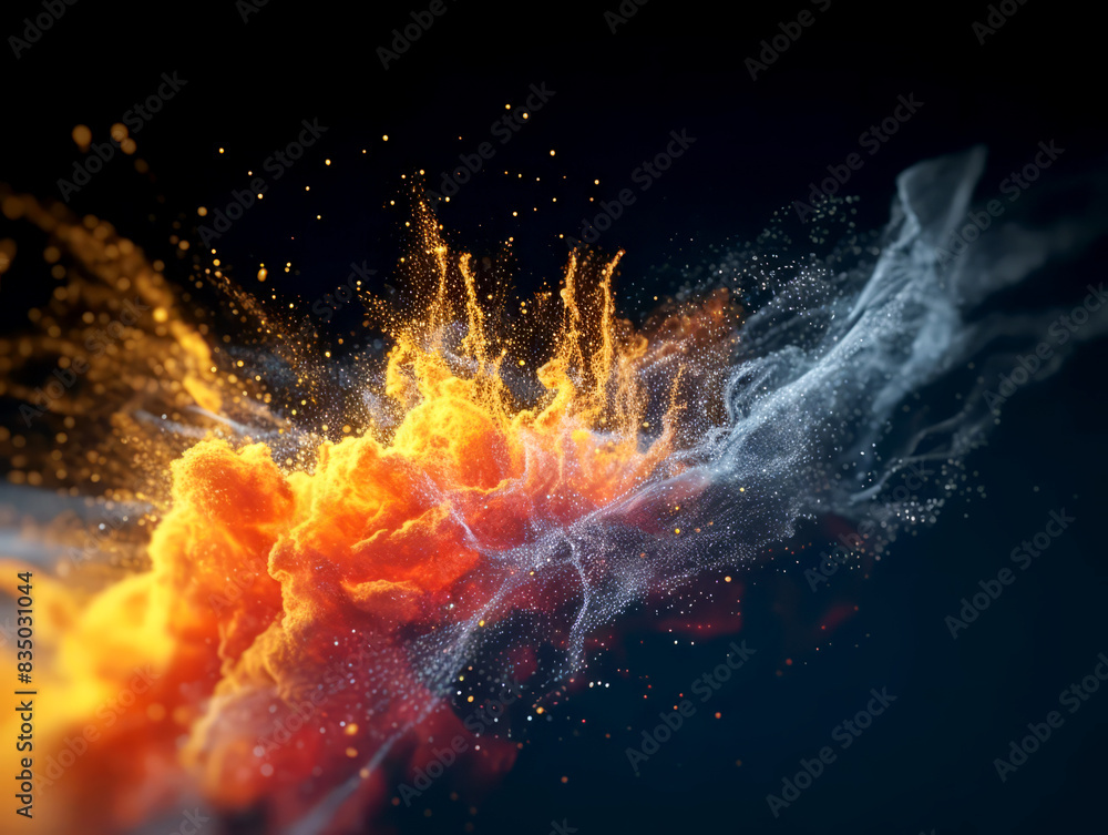 Poster Dynamic interaction between fire and water elements on a dark background, symbolizing opposition and balance. Generative AI