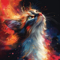 The cat appears ethereal, as if it embodies the essence of space. The dark background enhances the luminosity of its fur.
