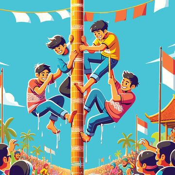 cartoon of Indonesian people in a traditional pole climbing contest, panjat pinang