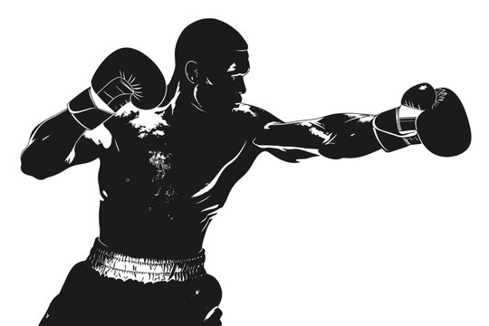 Black and white silhouette of a boxer throwing a punch, showing strength and determination. Flat vector illustration.