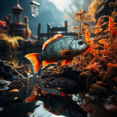 fish above the water, a picturesque landscape at sunset, mountains in the distance.