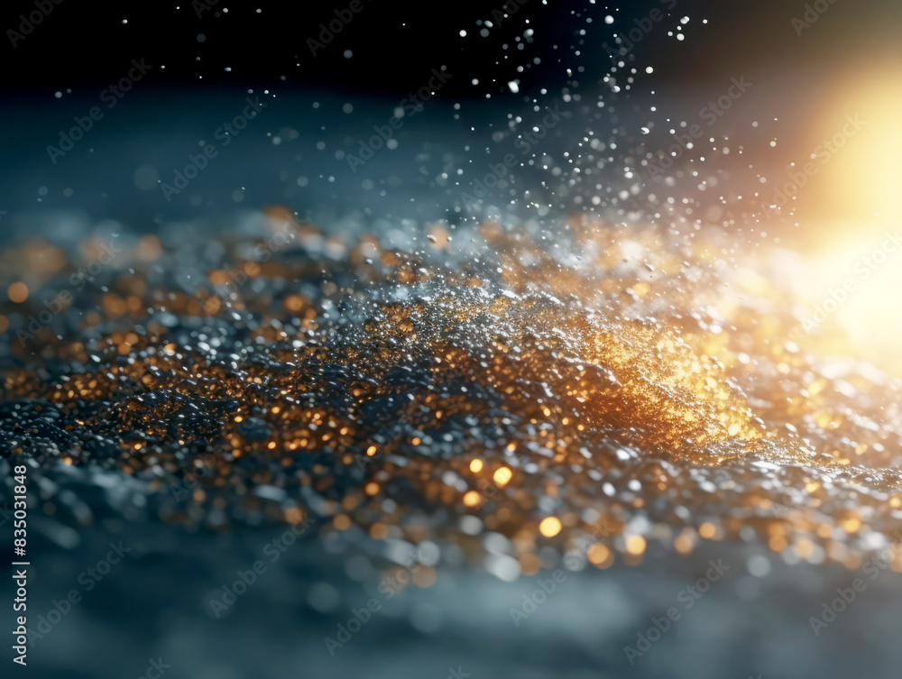 Poster sparkling particles over a textured surface, with warm light glowing on one side, set against a dark