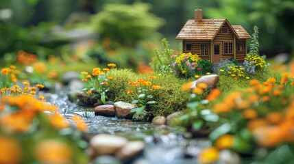 Magical Realist Miniature Cabin Scene with Colorful Flowers, Green Trees, and Flowing River, Tilt-Shift Effect, Detailed Rendering, Wide-Angle Lens, Depth of Field, Paper Art Illustration Look