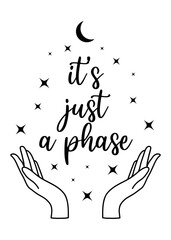 Mystical vector design composition with text, stars and hands in black color