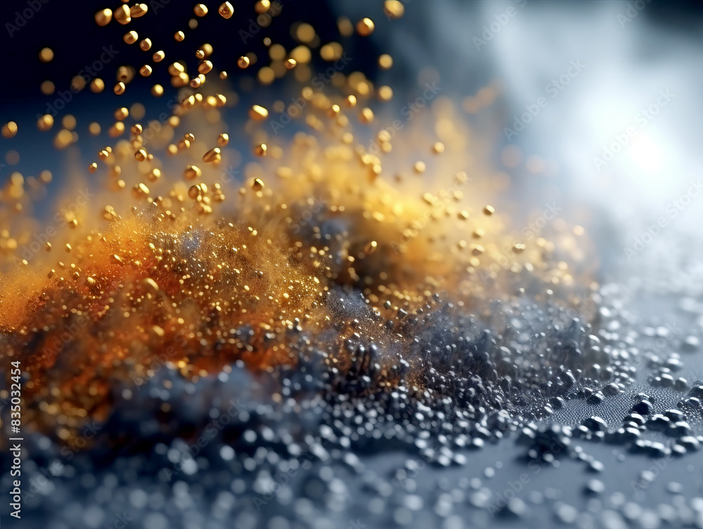 Poster sparkling water droplets on a dark surface with golden light reflections, macro photography style, d