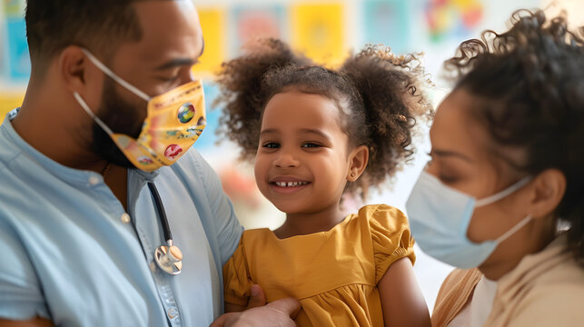 Happy Family Celebrating National Immunization Awareness Month with Pediatrician in Colorful Office, All Wearing Protective Masks