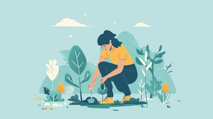 A flat design depiction of responsible travel with a traveler planting trees in a reforestation project. The minimalist background highlights the importance of giving back to the environment while