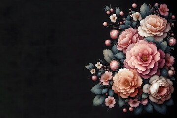 Close-up on beautiful blooming flowers, with a free area for adding text, isolated black background