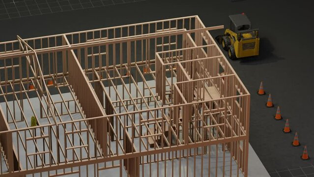 under construction house site, frame structure, with large machines, seamless looping 3D blueprint animation