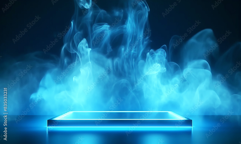 Poster an illuminated pedestal with blue neon light surrounded by mystical blue smoke on a dark background,