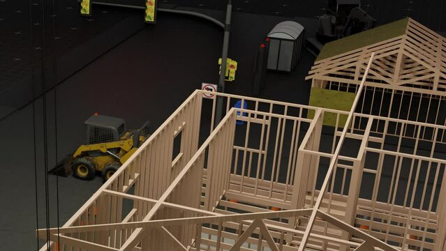 under construction house site, frame structure, with large machines, seamless looping 3D blueprint animation