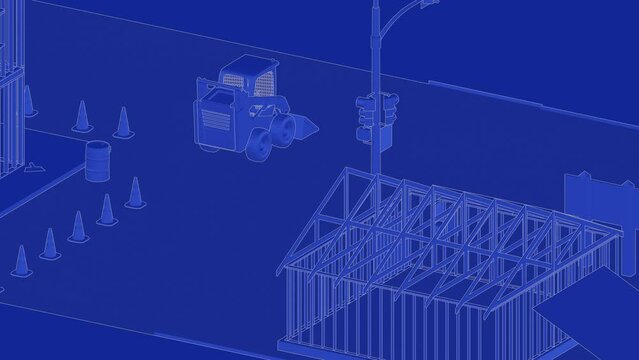 under construction house site, frame structure, with large machines, seamless looping 3D blueprint animation