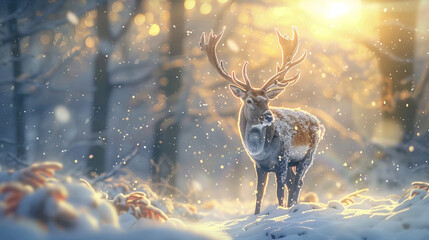 Majestic deer standing in snowy forest at sunrise