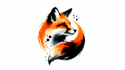 Obraz premium Orange and black paint brush strokes and patter for fox in watercolor, on white background, logo