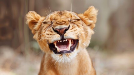 Fototapeta premium Cute little lion with a wide smile for travel company banners. Smiling African animal. Summer vacation concept