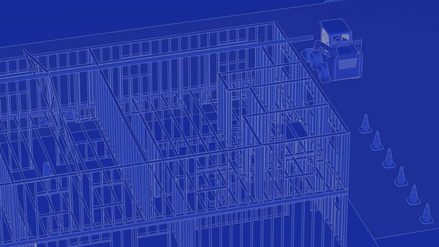 under construction house site, frame structure, with large machines, seamless looping 3D blueprint animation