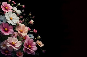 Close-up on beautiful blooming flowers, with a free area for adding text, isolated black background