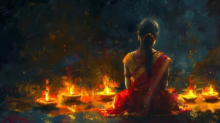 Rear view of a single woman gracefully lighting Diya lamps, Diwali celebration, deep hues, radiant illumination, oil paint style, intricate patterns, serene and reflective mood