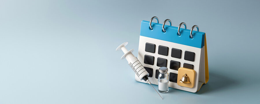 Immunizing Vaccine Program: Scheduling and Prevention in a Minimalist 3D Calendar. Copy Space. Blue background.