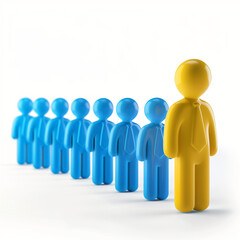 3D human figure leading the way, line of people following with one in different color, clip art style.