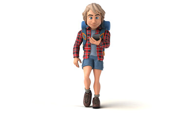 Fun 3D cartoon backpacker walking with a smartphone