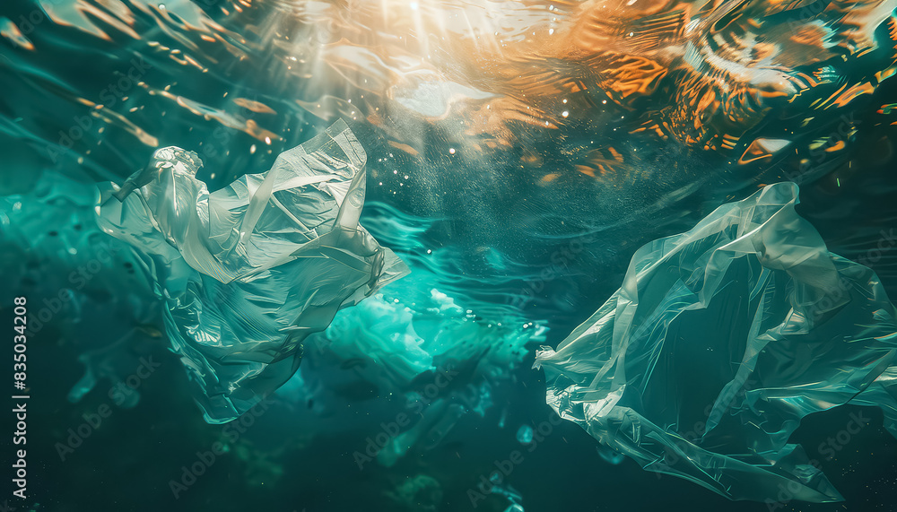 Wall mural a plastic bag is floating in the ocean