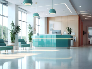 Empty modern hospital corridor, clinic hallway interior background with white chairs for patients waiting for doctor visit. Contemporary waiting room in medical office. Healthcare services concept