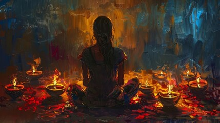 Rear view of a single woman gracefully lighting Diya lamps, Diwali celebration, deep hues, radiant illumination, oil paint style, intricate patterns, serene and reflective mood