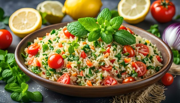 Tabouleh Parsley, Mint, Onion, bulgur, tomatoes, lemon-olive oil
