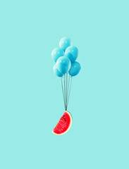 Balloons lifting up fresh slice of watermelon on turquoise blue background. 3D Rendering, 3D...