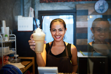 Portrait, barista or happy woman with order at cafe for service hospitality on counter at coffee...