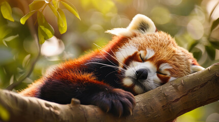 Adorable red panda peacefully sleeping on a tree branch