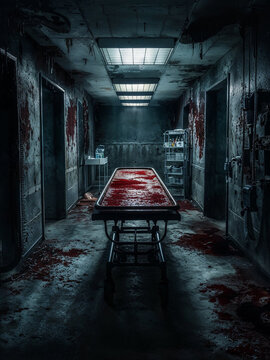 Creepy mortuary concept. Derelict haunted hospital morgue with blood-streaked walls and ancient autopsy table. Haunting post-apocalyptic Halloween image. Abandoned old hospital mortuary.