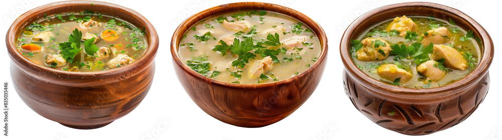 Aufkleber the soup of chicken with parsley in a brown bowl is isolated on a white background