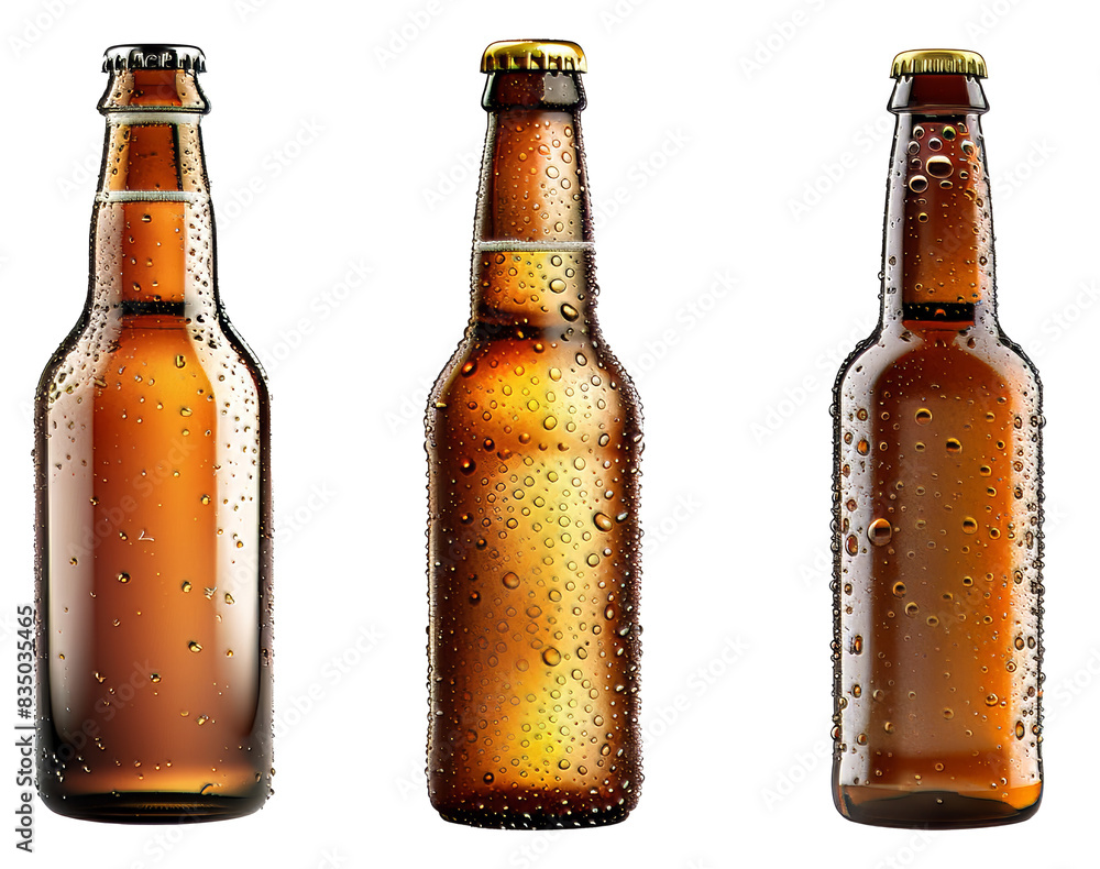 Poster Ingenious artificial intelligence concept of brown beer bottle with drops isolated without shadow on a white background.