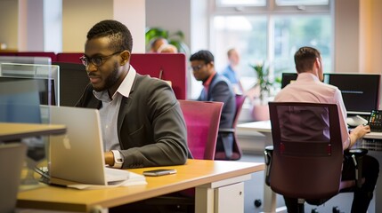 Diverse team of professionals working in a modern open office space, focusing on tasks, collaborating, and using laptops and computers.