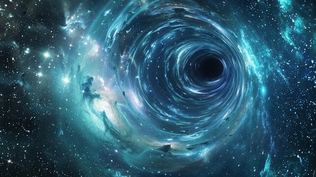 A captivating wormhole in space, a swirling, glowing tunnel surrounded by stars and nebulae, intense colors of blue and green, distant galaxies faintly visible, atmosphere of cosmic mystery and