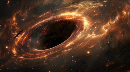 A dramatic depiction of a black hole, a dark abyss surrounded by swirling, glowing gases and dust, stars and nebulae warping around its intense gravity, distant galaxies faintly visible in the