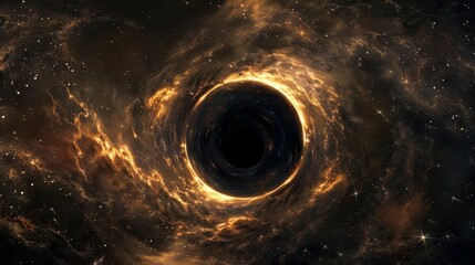A dramatic depiction of a black hole, a dark abyss surrounded by swirling, glowing gases and dust, stars and nebulae warping around its intense gravity, distant galaxies faintly visible in the