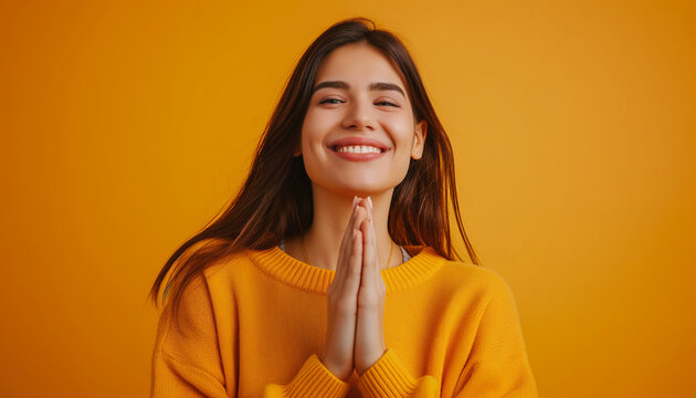 Moment of love and appreciation. Adorable cheerful woman keeps both palms pressed together near heart in gratitude symbol, smiles gently, thanks fate for wellbeing, expresses sincere emotions
