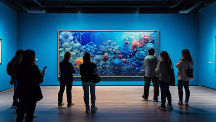 the interior of an art gallery. Visitors view large, brightly colored abstract paintings. The works of art look painterly and textural